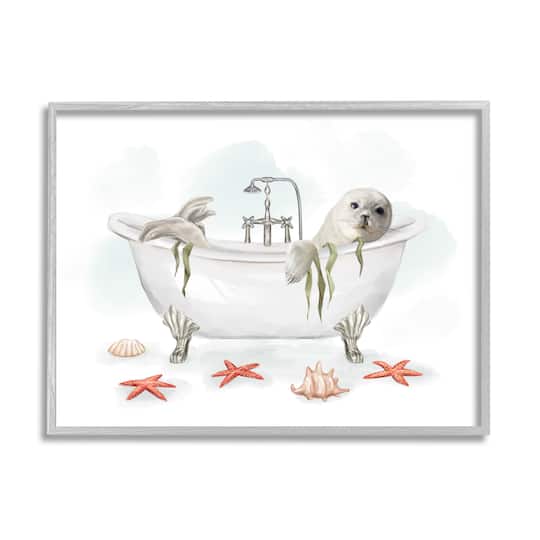Stupell Industries White Harp Seal Ocean Inspired Bath Animal in Frame Wall Art